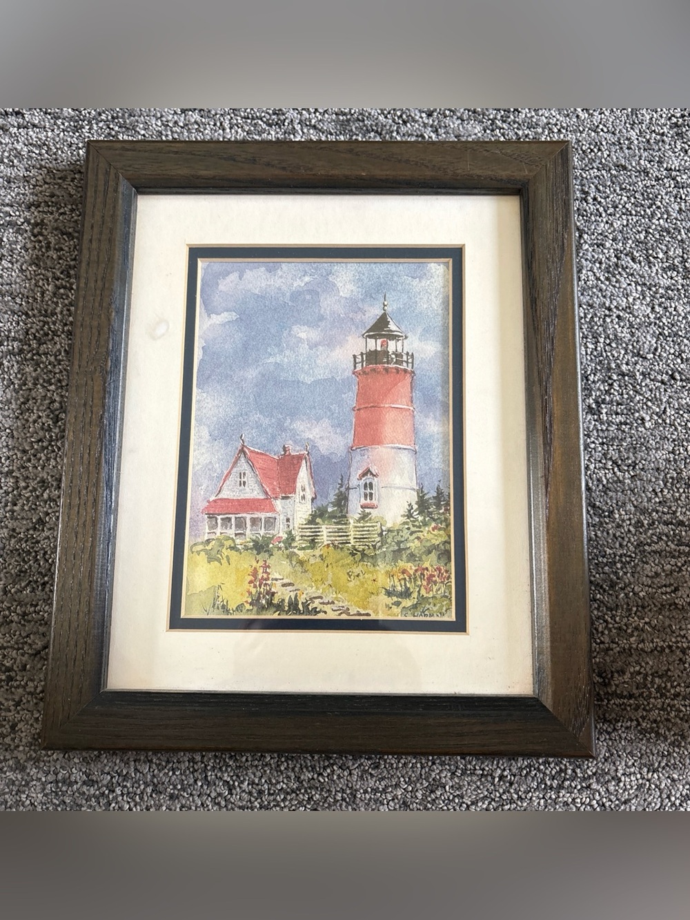 Seascape "Lighthouse"  Painting Copy by E. Hopkins. Double Layer Mat and Frame